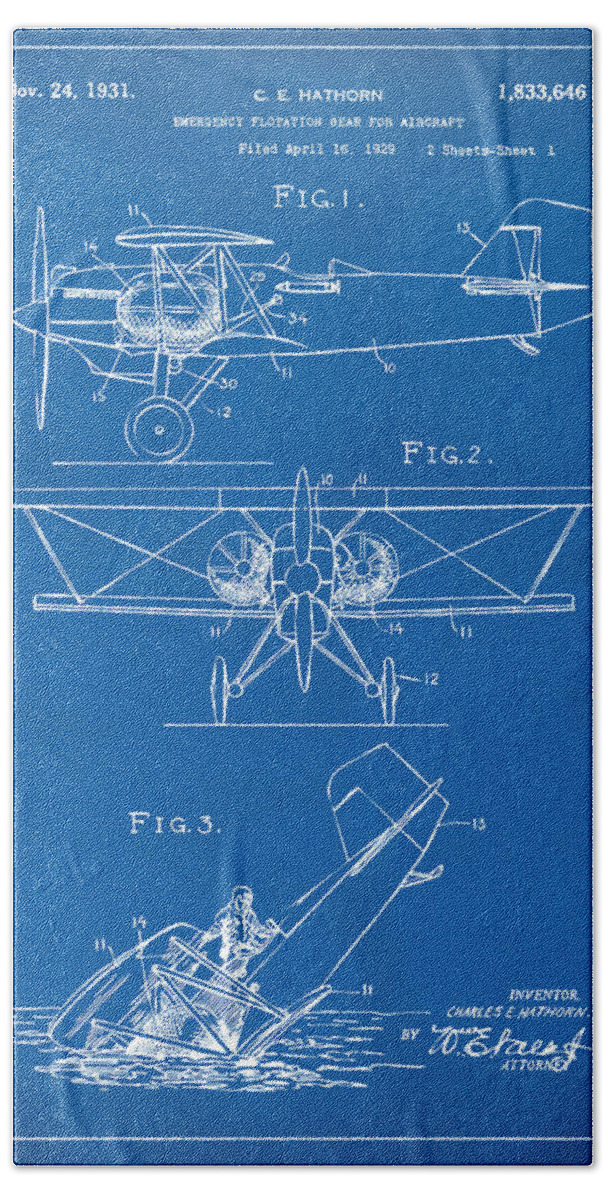 Aircraft Bath Towel featuring the digital art 1931 Aircraft Emergency Floatation Patent Blueprint by Nikki Marie Smith