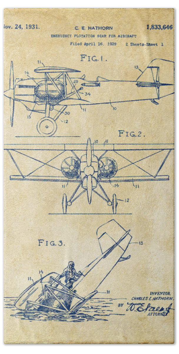 Aircraft Hand Towel featuring the digital art 1931 Aircraft Emergency Floatation Patent Vintage by Nikki Marie Smith