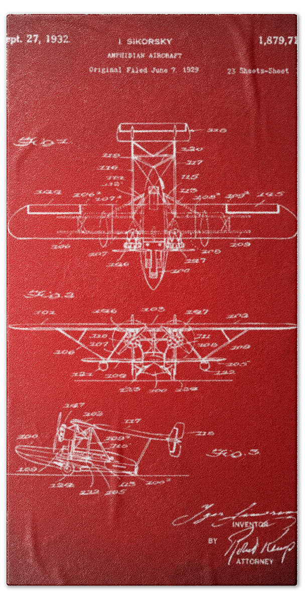 Airplane Bath Towel featuring the digital art 1932 Amphibian Aircraft Patent Red by Nikki Marie Smith