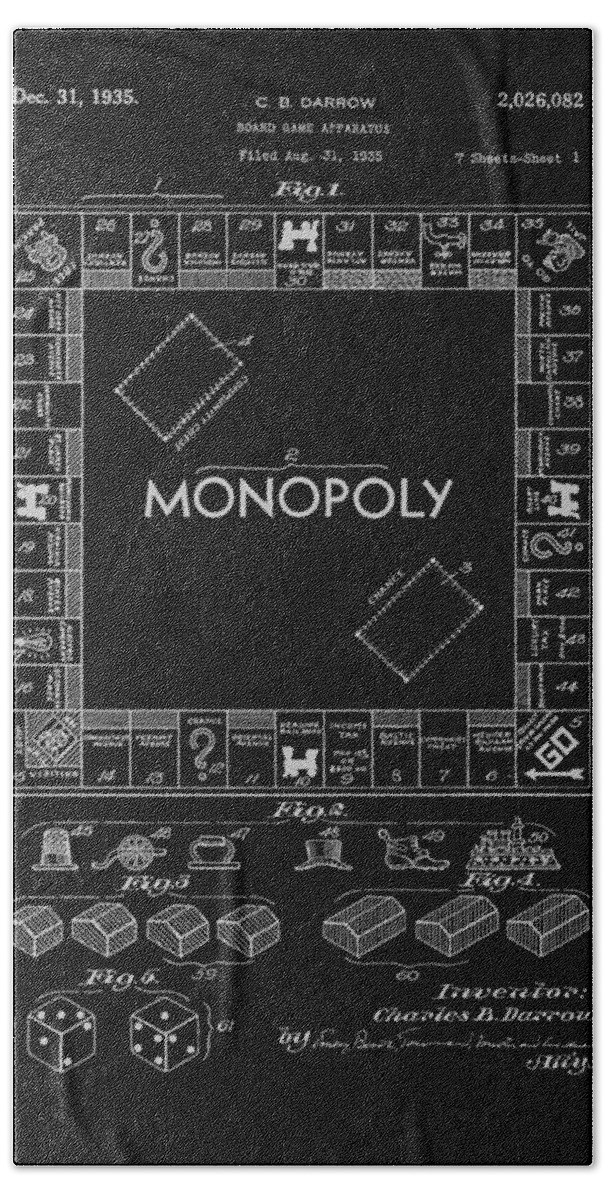Monopoly Bath Towel featuring the digital art 1935 Monopoly Board Game Patent-BK by Barry Jones