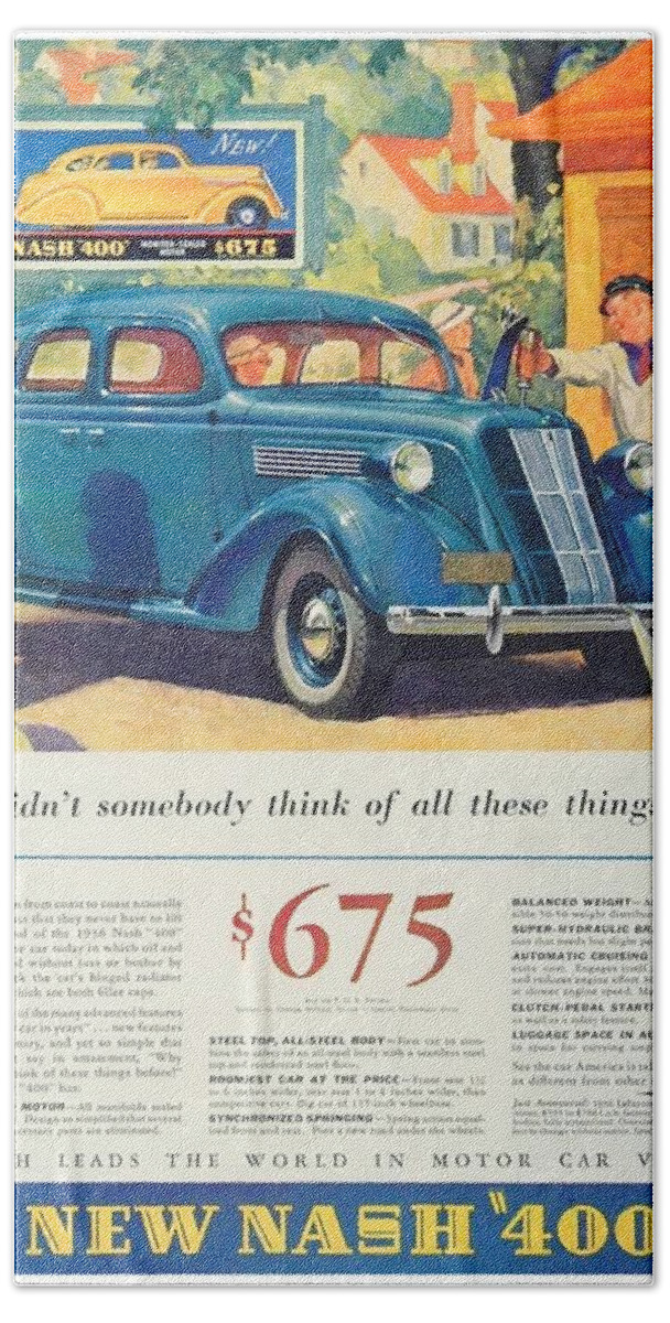 1936 Bath Towel featuring the digital art 1936 - Nash Sedan Automobile Advertisement - Color by John Madison