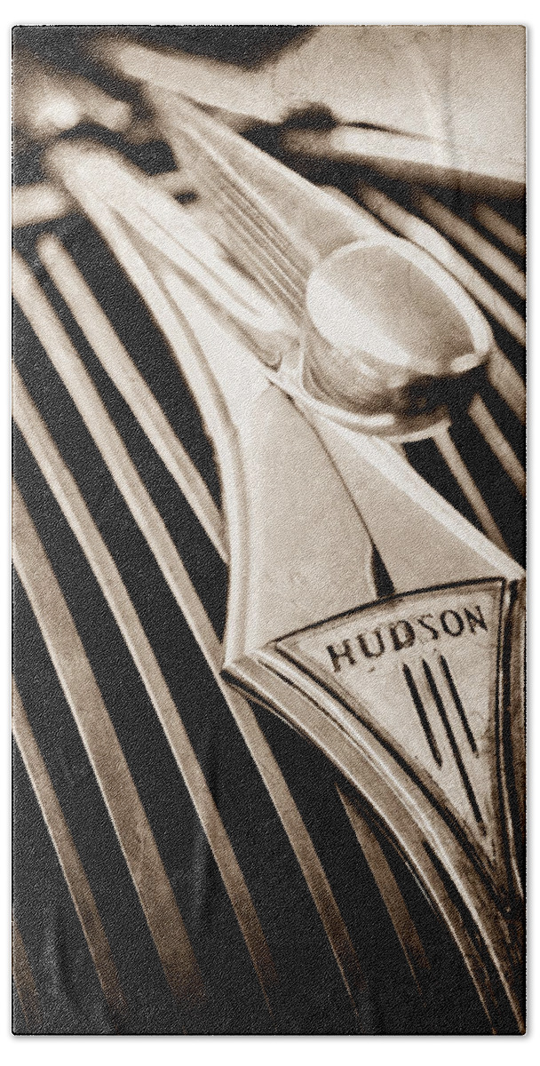 1937 Hudson Terraplane 4 Door Sedan Hood Ornament Bath Towel featuring the photograph 1937 Hudson Terraplane 4 Door Sedan Hood Ornament - Emblem by Jill Reger
