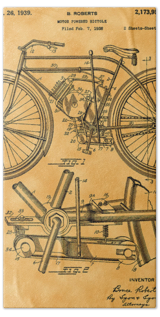 Patent Hand Towel featuring the photograph 1939 Motor Powered Bicycle Patent by Michael Porchik