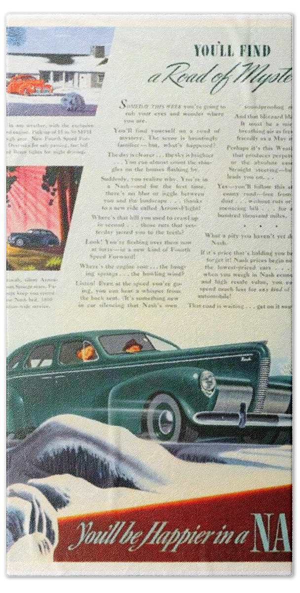 1940 Bath Towel featuring the digital art 1940 - Nash Sedan Automobile Advertisement - Color by John Madison