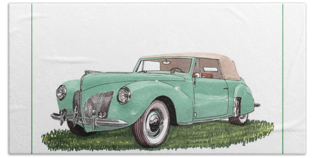Framed Prints Of Lincoln Continentals. Framed Canvas Prints Of Art Of Famous Lincoln Cars. Framed Prints Of Lincoln Car Art. Framed Canvas Prints Of Great American Classic Cars Bath Towel featuring the drawing 1941 Lincoln V-12 Continental by Jack Pumphrey