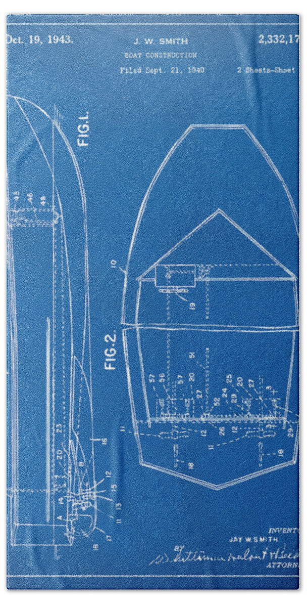 Chris Craft Bath Towel featuring the digital art 1943 Chris Craft Boat Patent Blueprint by Nikki Marie Smith