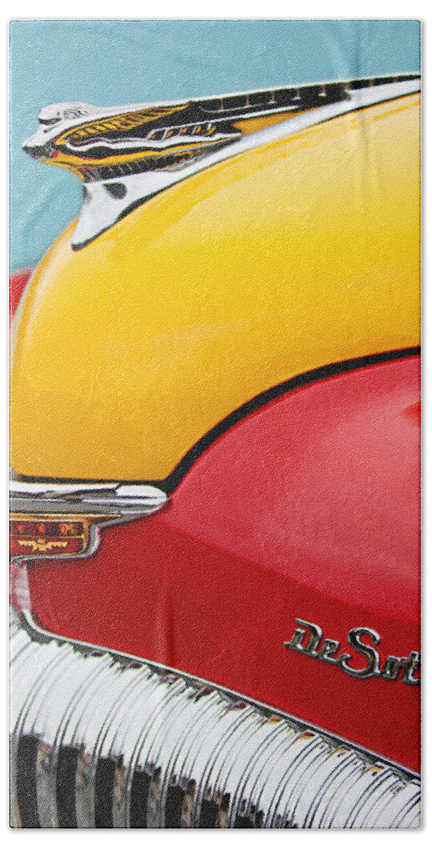 1946 Desoto Skyview Taxi Bath Towel featuring the photograph 1946 DeSoto Skyview Taxi Cab Hood Ornament by Jill Reger