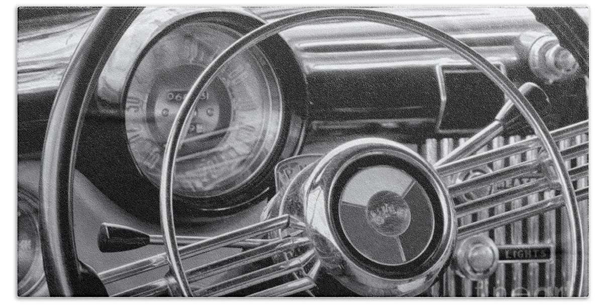 1953 Bath Towel featuring the photograph 1953 Buick Super Dashboard and Steering Wheel BW by Jerry Fornarotto