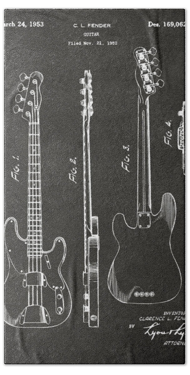 Fender Guitar Bath Sheet featuring the digital art 1953 Fender Bass Guitar Patent Artwork - Gray by Nikki Marie Smith