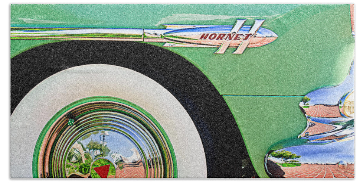 1953 Hudson Hornet Sedan Bath Towel featuring the photograph 1953 Hudson Hornet Sedan Wheel Emblem by Jill Reger
