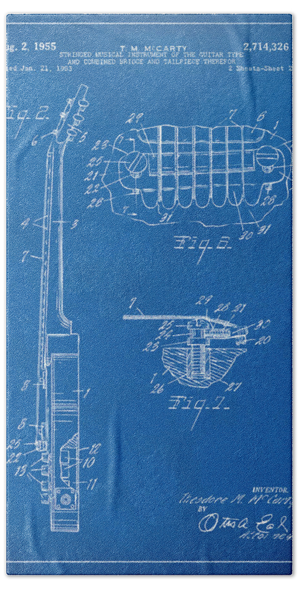Guitar Bath Towel featuring the digital art 1955 McCarty Gibson Les Paul Guitar Patent Artwork 2 Blueprint by Nikki Marie Smith