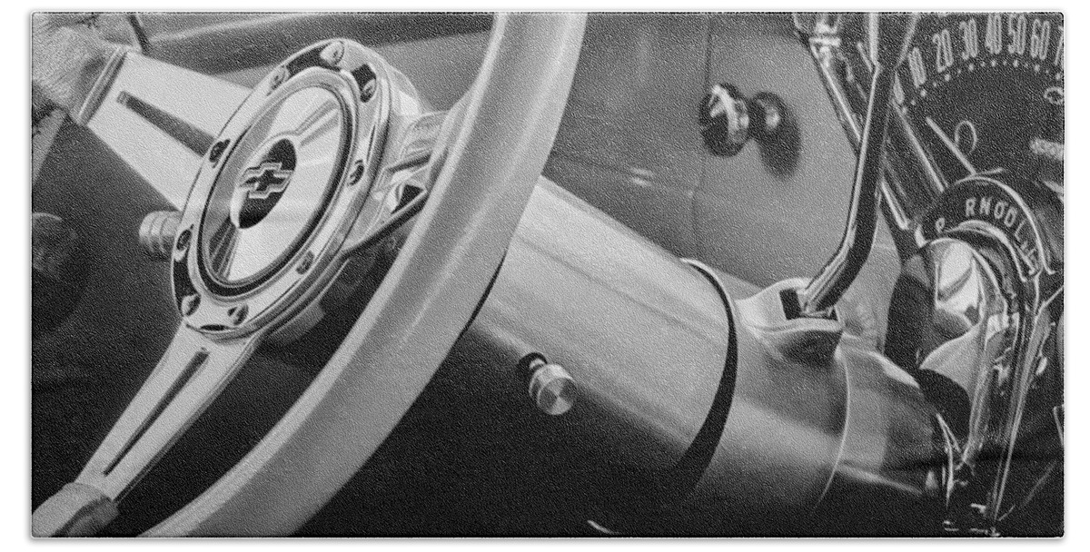 1956 Chevrolet 210 2-door Handyman Wagon Steering Wheel Emblem Bath Sheet featuring the photograph 1956 Chevrolet 210 2-Door Handyman Wagon Steering Wheel Emblem -189bw by Jill Reger