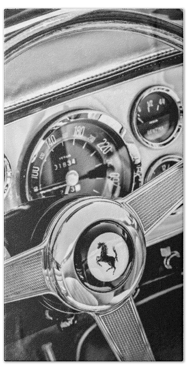 1960 Ferrari 250 Gt Cabriolet Pininfarina Series Ii Steering Wheel Emblem Hand Towel featuring the photograph 1960 Ferrari 250 GT Cabriolet Pininfarina Series II Steering Wheel Emblem -1319bw by Jill Reger