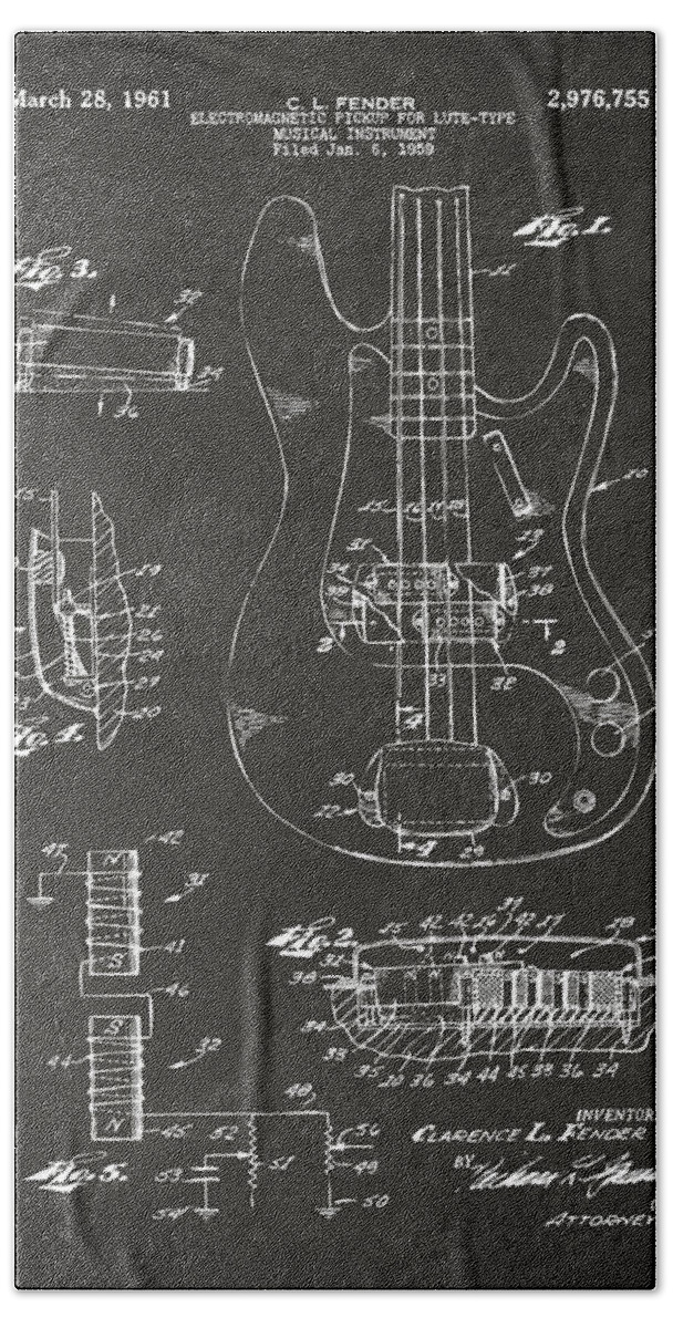 Guitar Hand Towel featuring the digital art 1961 Fender Guitar Patent Artwork - Gray by Nikki Marie Smith