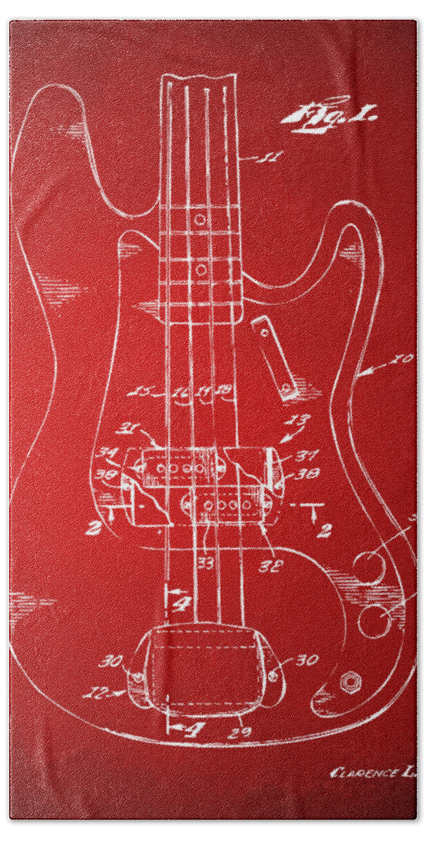 Guitar Bath Towel featuring the digital art 1961 Fender Guitar Patent Minimal - Red by Nikki Marie Smith
