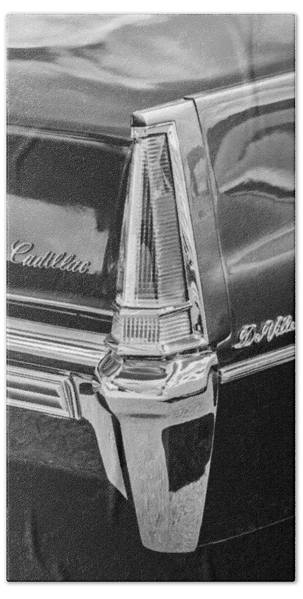 1969 Cadillac Deville Taillight Emblems Bath Towel featuring the photograph 1969 Cadillac DeVille Taillight Emblems -0890bw by Jill Reger