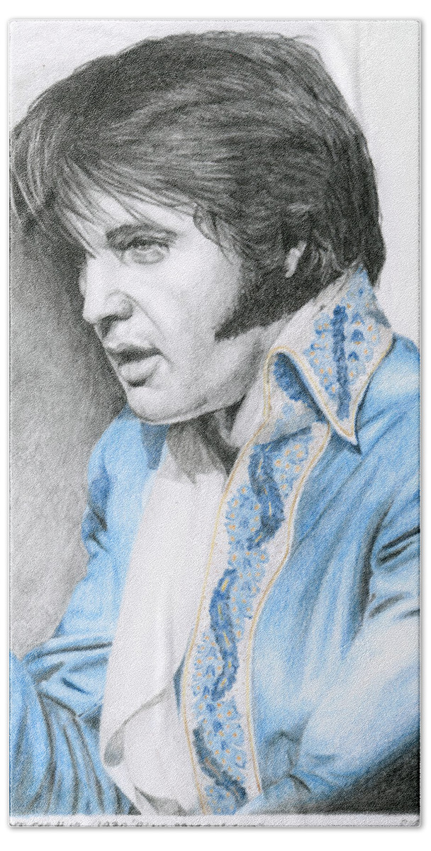 Elvis Bath Towel featuring the drawing 1970 Blue Brocade Suit by Rob De Vries