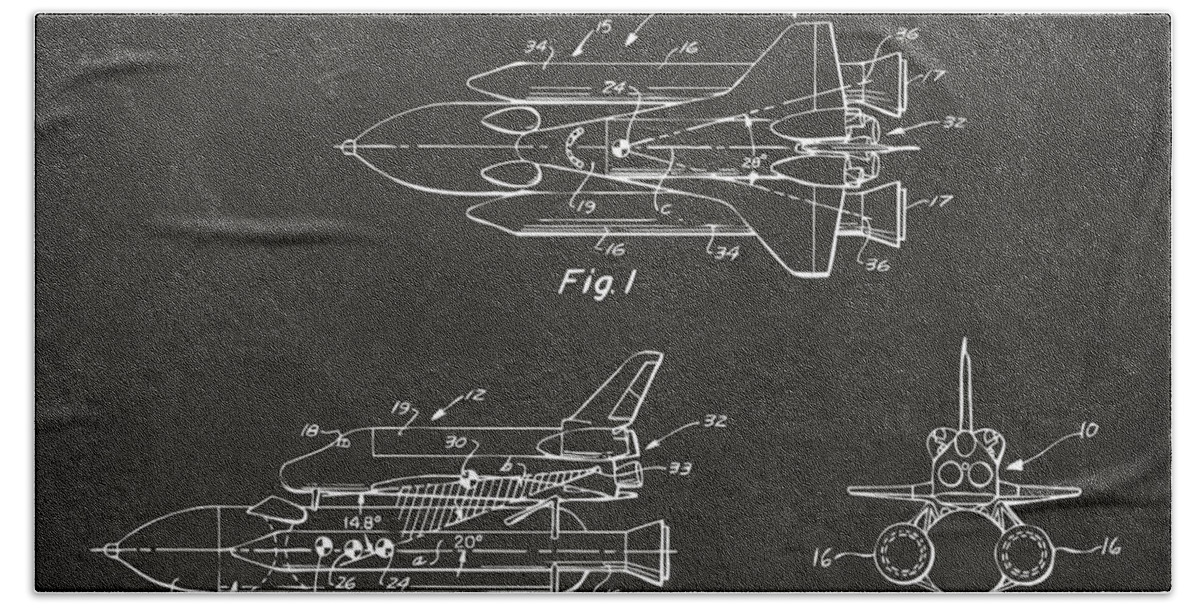 Space Ship Bath Towel featuring the digital art 1975 Space Shuttle Patent - Gray by Nikki Marie Smith