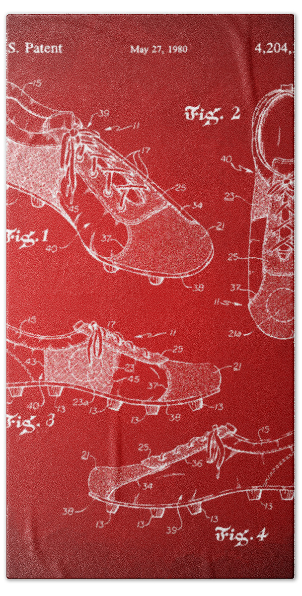 Soccer Hand Towel featuring the digital art 1980 Soccer Shoes Patent Artwork - Red by Nikki Marie Smith