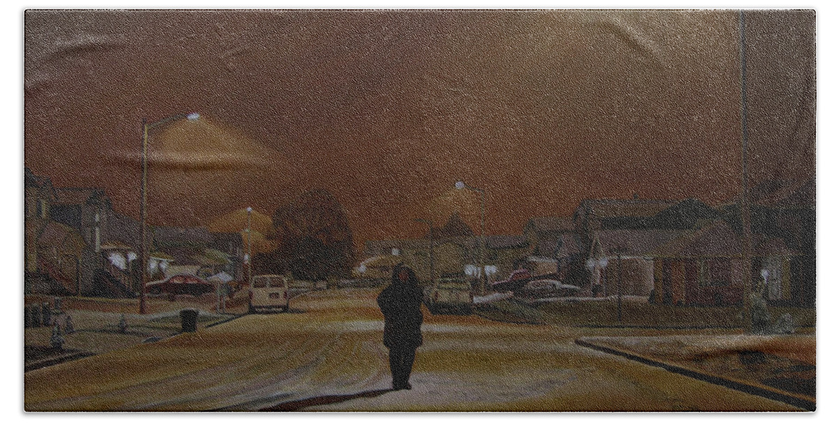 Winter Landscape Bath Towel featuring the painting 1997-My First Snowy Winter by Thu Nguyen