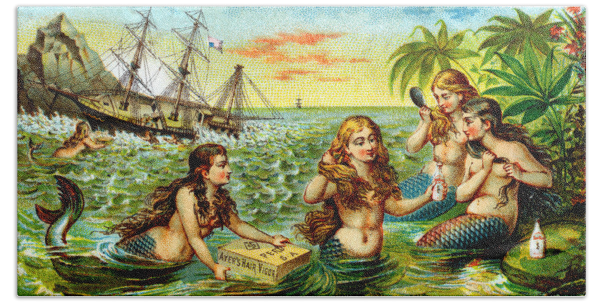 Vintage Hand Towel featuring the painting 19th C. Mermaids at Ship Wreck by Historic Image