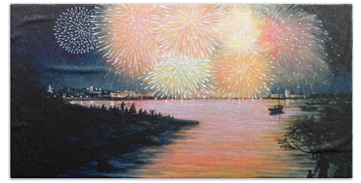 Gloucester Bath Towel featuring the painting 4th of July Gloucester Harbor by Eileen Patten Oliver