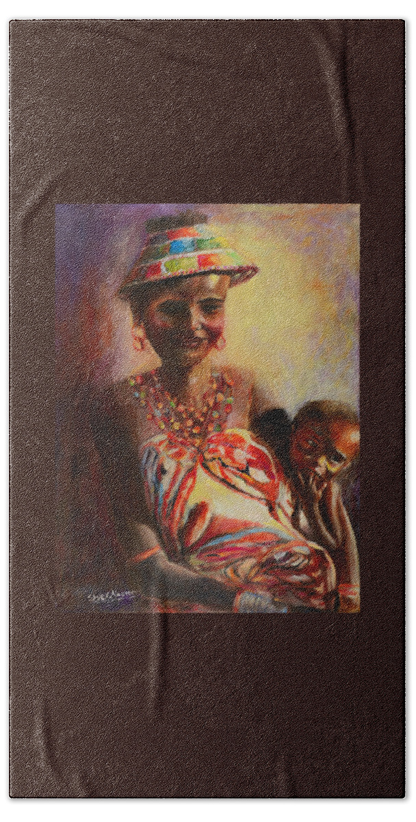 Sher Nasser Artist Hand Towel featuring the painting African Mother and Child by Sher Nasser Artist