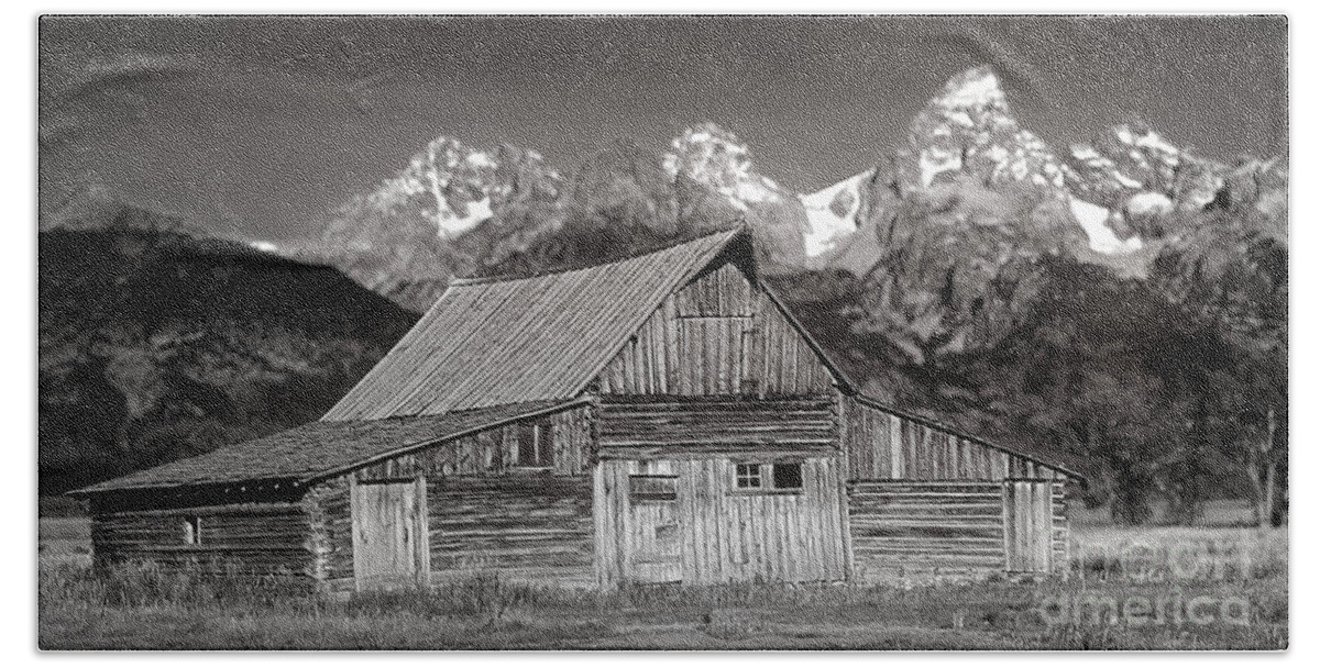Barrn Bath Towel featuring the photograph Barn and Tetons #2 by Jerry Fornarotto