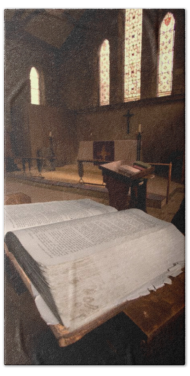 Beliefs Bath Towel featuring the photograph Bible In Church #2 by John Short