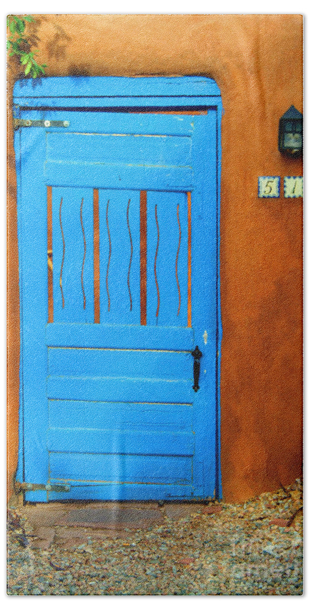 Blue Bath Towel featuring the photograph Blue Door in Santa Fe by Charlene Mitchell
