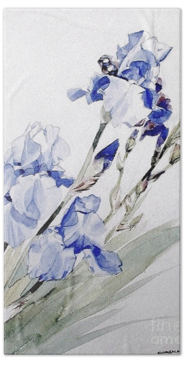 Greta Corens Watercolors Hand Towel featuring the painting Blue Irises by Greta Corens