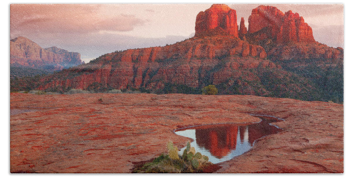 Rock Bath Towel featuring the photograph Cathedral Rock Reflection #3 by Alexey Stiop