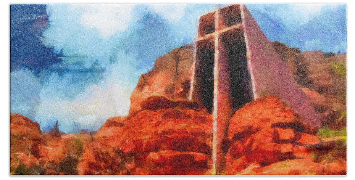 Marguerite Brunswig Staude Bath Towel featuring the photograph Chapel of the Holy Cross Sedona Arizona Red Rocks #2 by Amy Cicconi