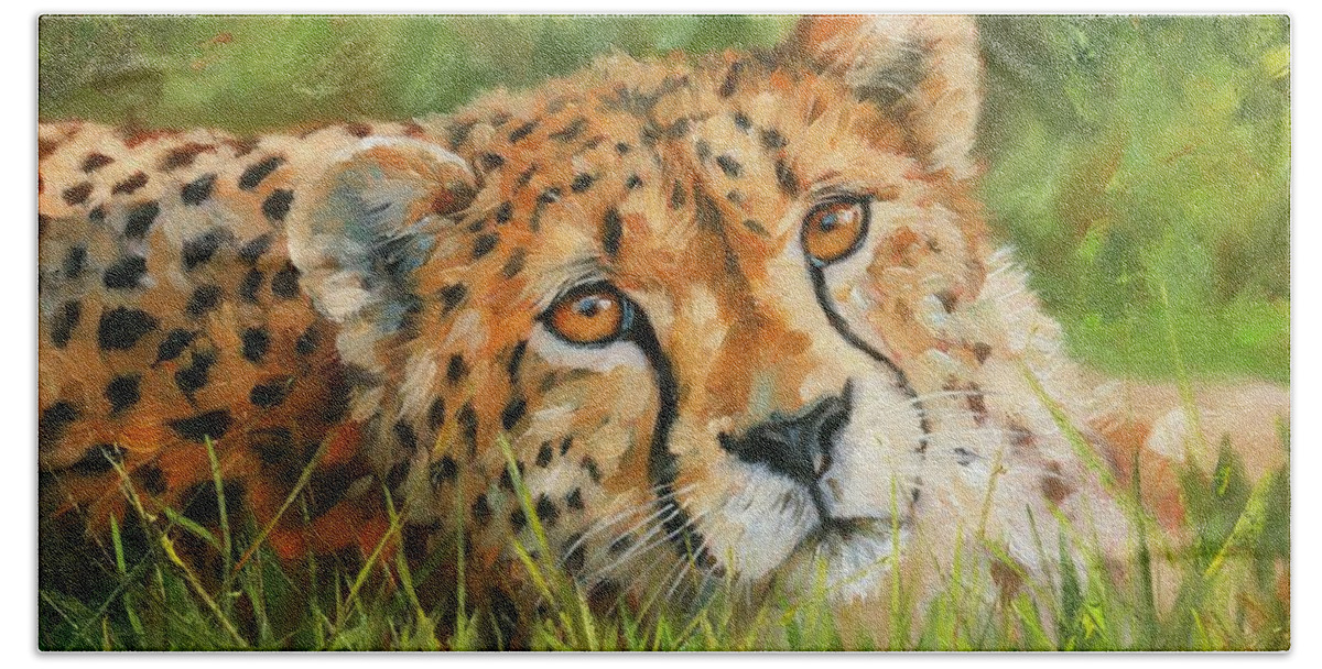Cheetah Hand Towel featuring the painting Cheetah #3 by David Stribbling
