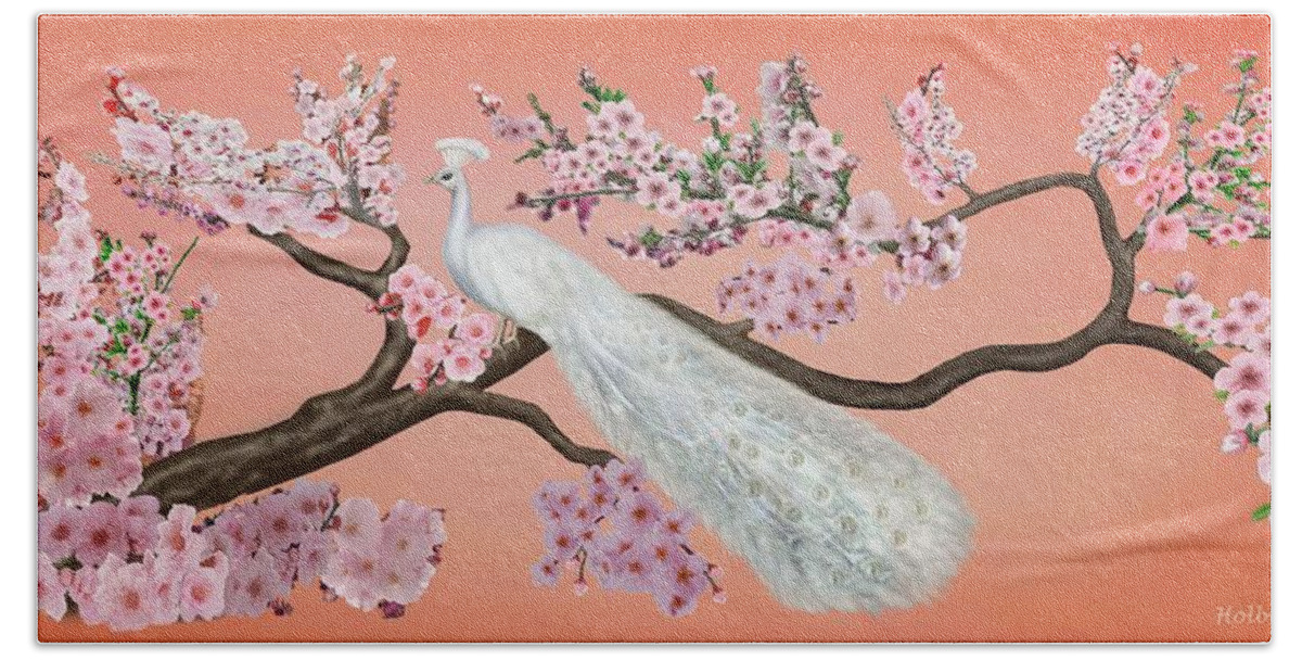 Cherry Blossom Framed Prints Hand Towel featuring the digital art Cherry Blossom Peacock by Glenn Holbrook