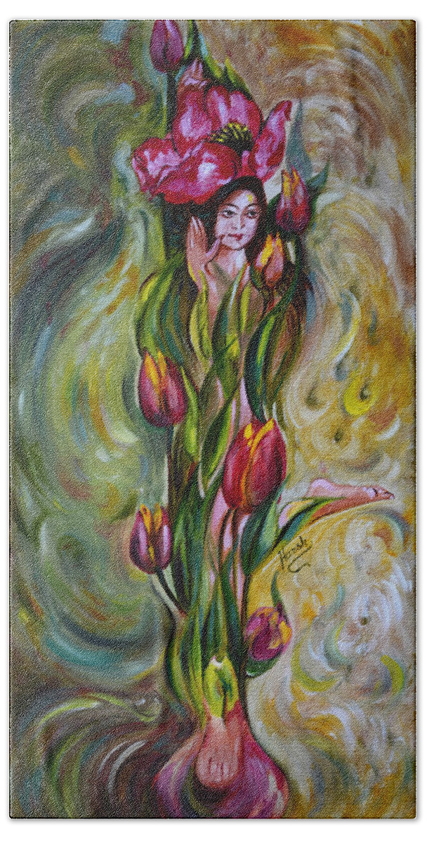 Tulips Hand Towel featuring the painting Dancing Tulips by Harsh Malik