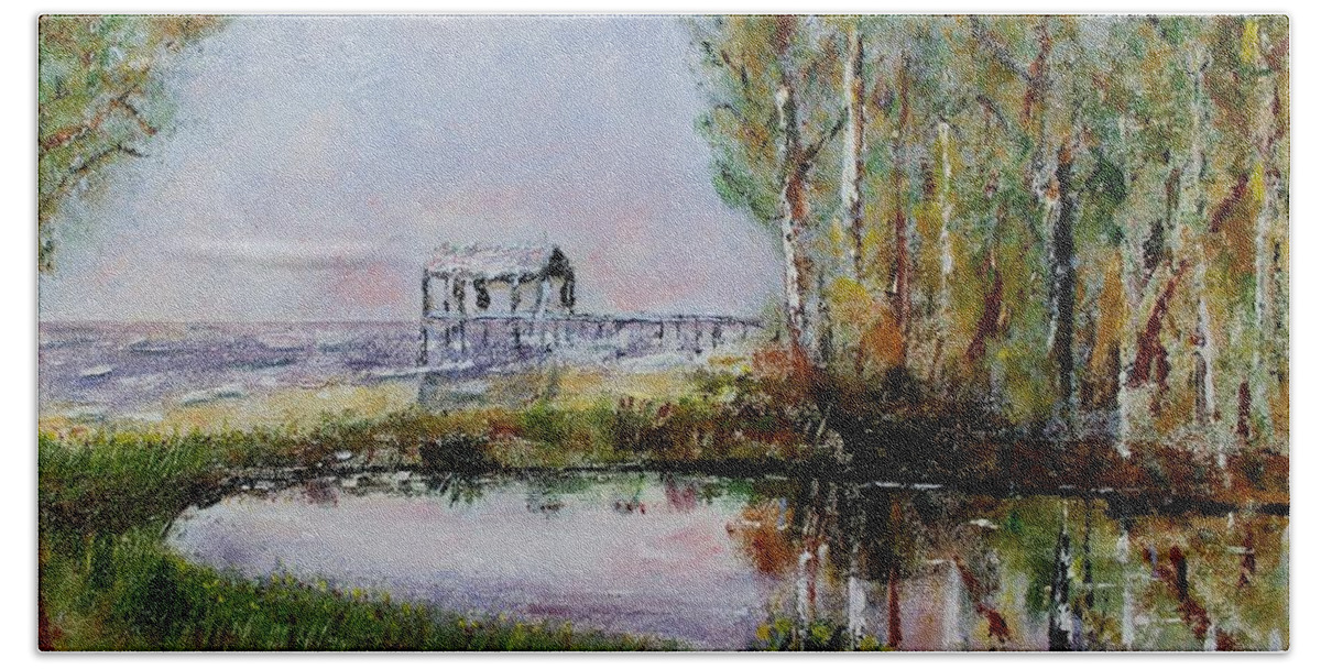 Landscape Bath Towel featuring the painting Fairhope al. Duck Pond by Melvin Turner