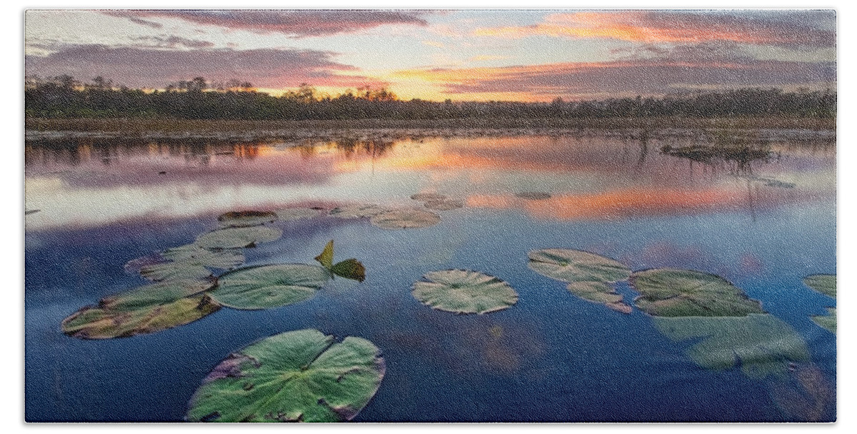 Clouds Bath Towel featuring the photograph Everglades at Sunset by Debra and Dave Vanderlaan