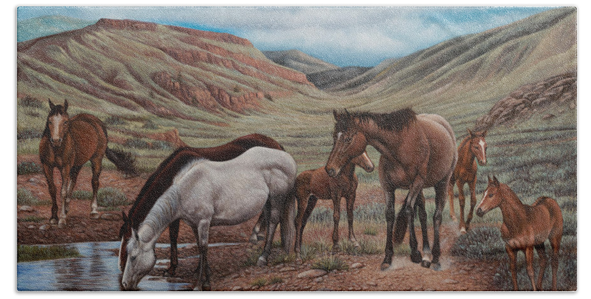 Horses Bath Towel featuring the painting Gathering At Diablo Canyon #2 by Ricardo Chavez-Mendez