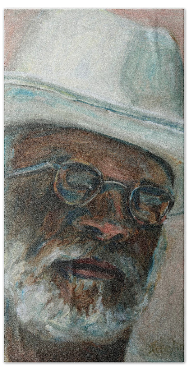 African American Bath Towel featuring the painting Gray Beard Under White Hat by Xueling Zou