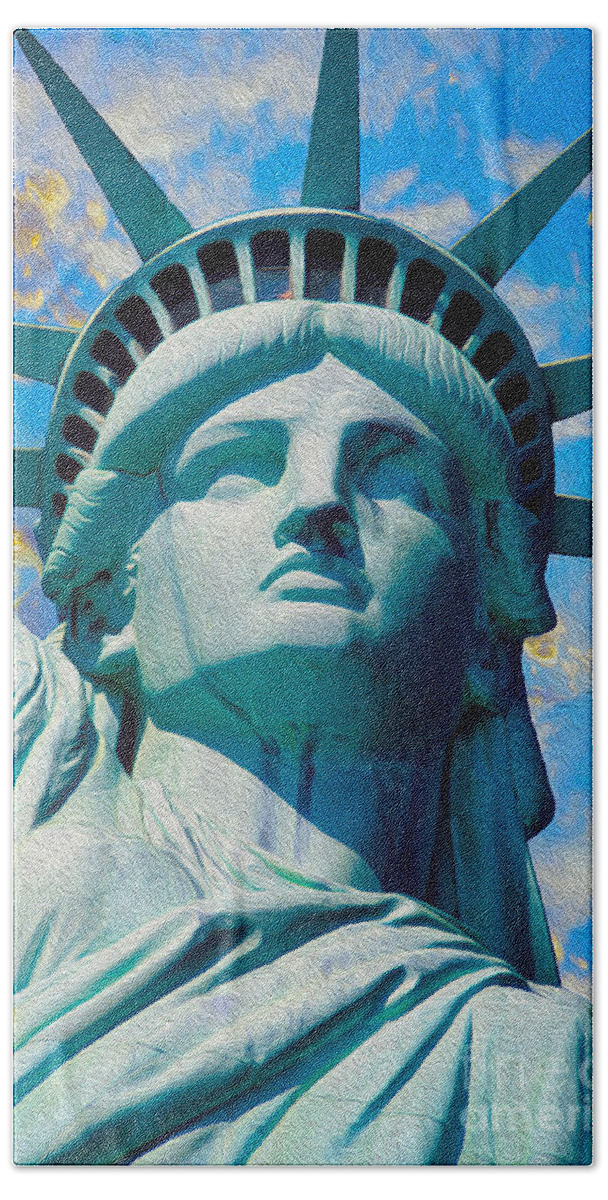 Lady Liberty Hand Towel featuring the mixed media Lady Liberty #3 by Jon Neidert