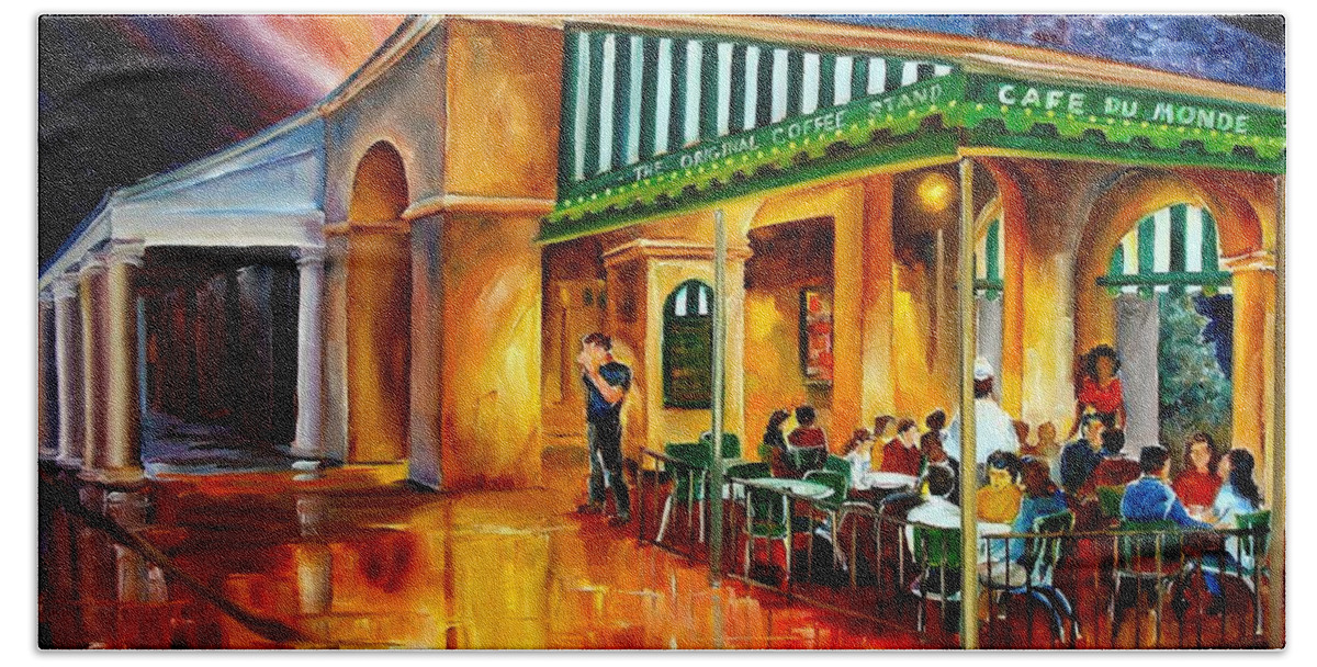 New Orleans Hand Towel featuring the painting Midnight at the Cafe Du Monde by Diane Millsap