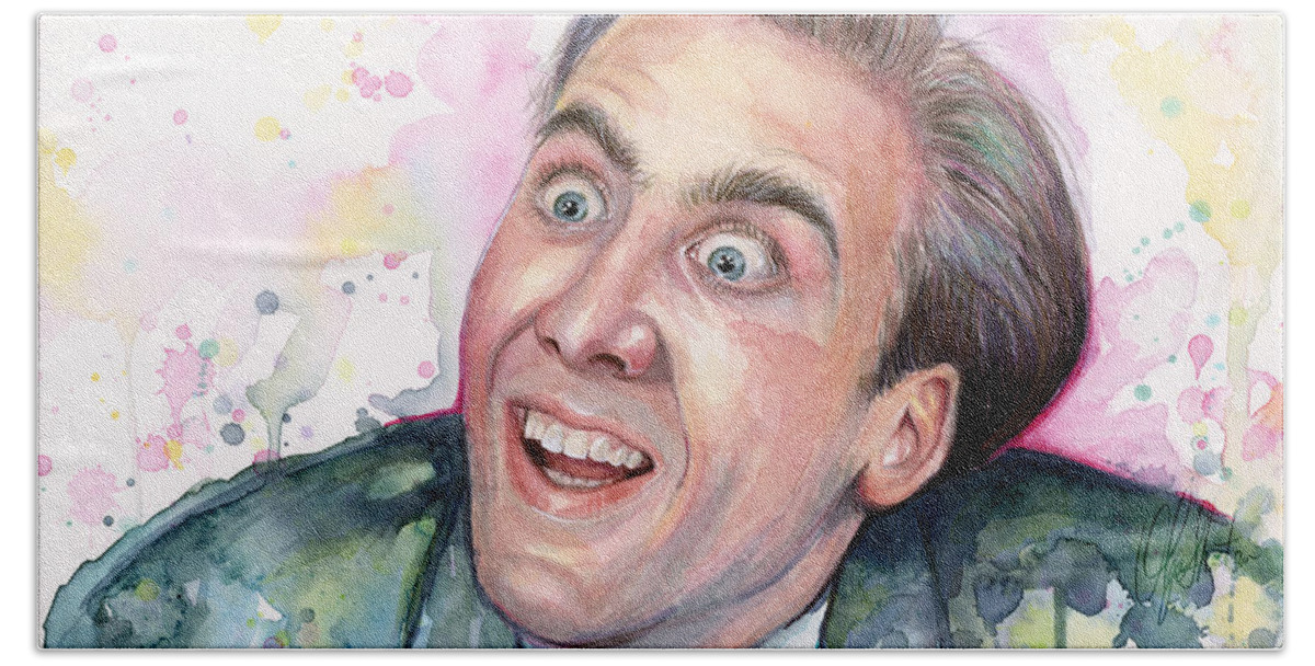 Nic Cage Bath Sheet featuring the painting Nicolas Cage You Don't Say Watercolor Portrait by Olga Shvartsur