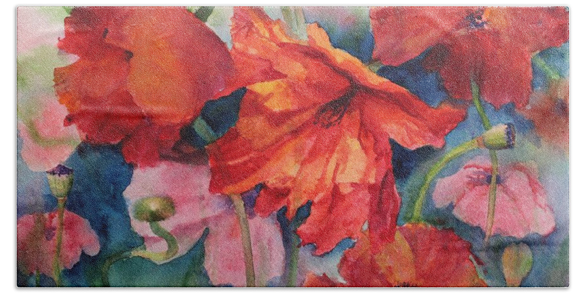 Flowers Bath Towel featuring the painting Oriental Poppies by Ruth Kamenev
