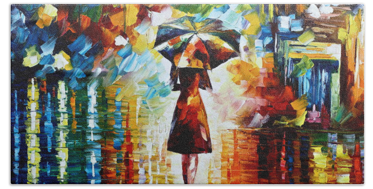 Rain Hand Towel featuring the painting Rain Princess - Palette Knife Landscape Oil Painting On Canvas By Leonid Afremov by Leonid Afremov