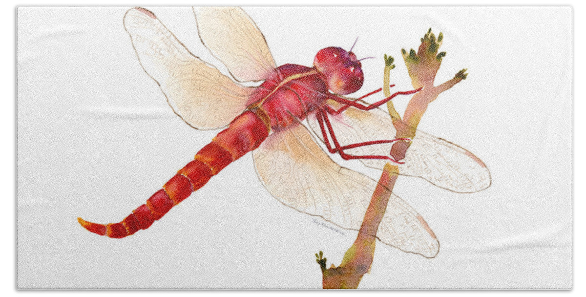 Red Hand Towel featuring the painting Red Dragonfly by Amy Kirkpatrick