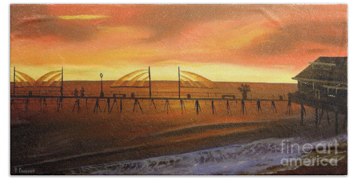 Redondo Beach Pier Hand Towel featuring the painting Redondo Beach Pier at Sunset #2 by Bev Conover