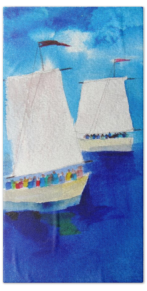 Sailboats Bath Towel featuring the painting 2 Sailboats by Carlin Blahnik CarlinArtWatercolor