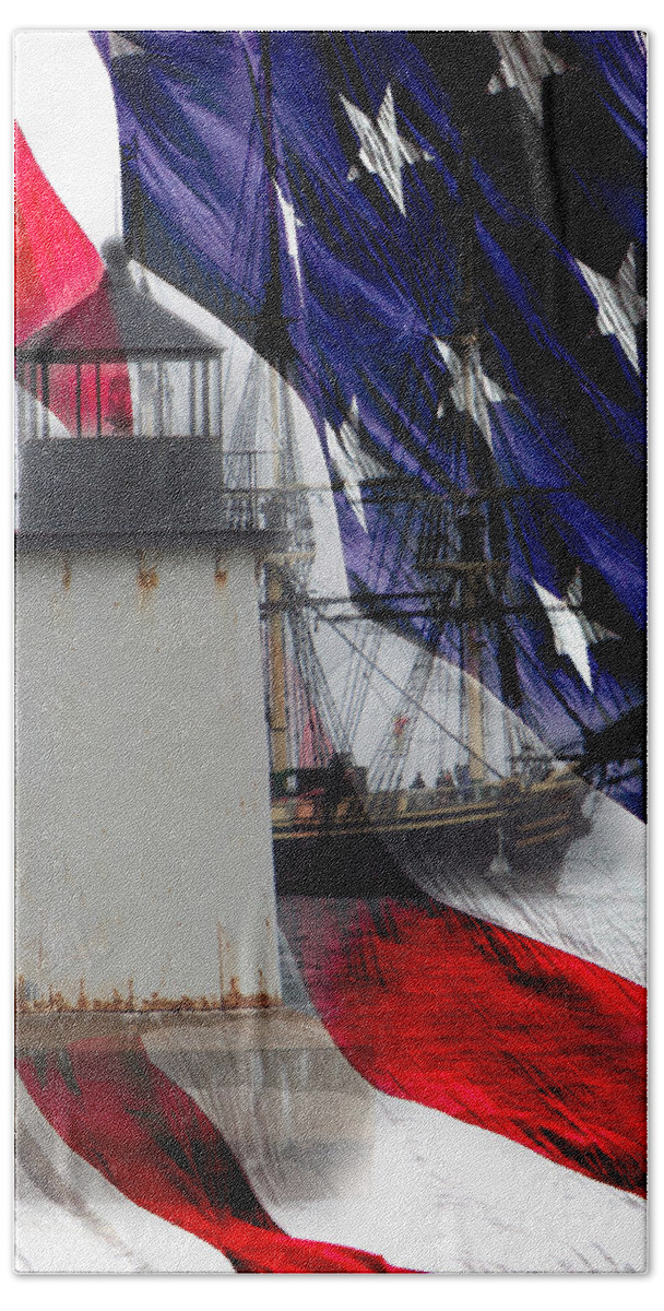  Lighthouses Of New England Bath Towel featuring the photograph Salem's Friendship sails past Fort Pickering Lighthouse by Jeff Folger