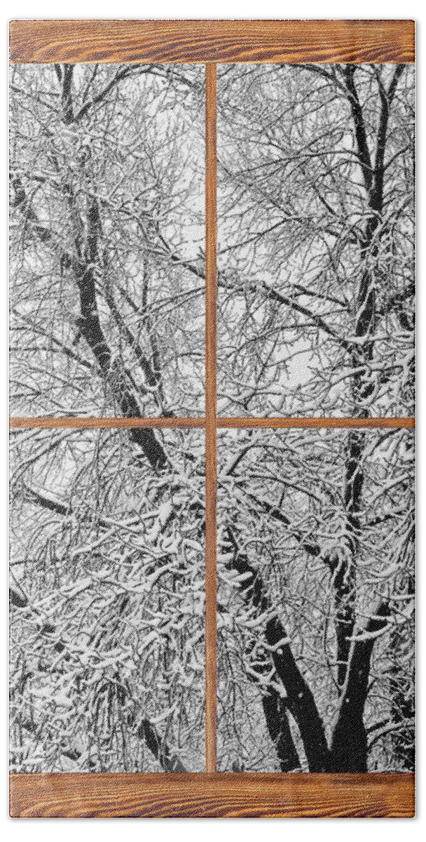 Windows Bath Towel featuring the photograph Snowy Tree Branches Barn Wood Picture Window Frame View by James BO Insogna